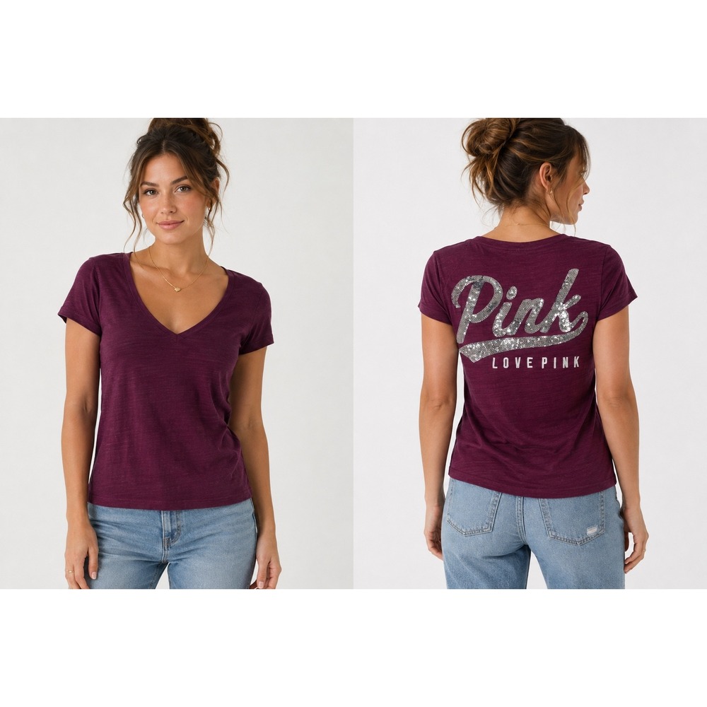 PINK Victoria's Secret V-Neck Tee Medium Maroon Sequin Back Logo Slub Knit Tee
